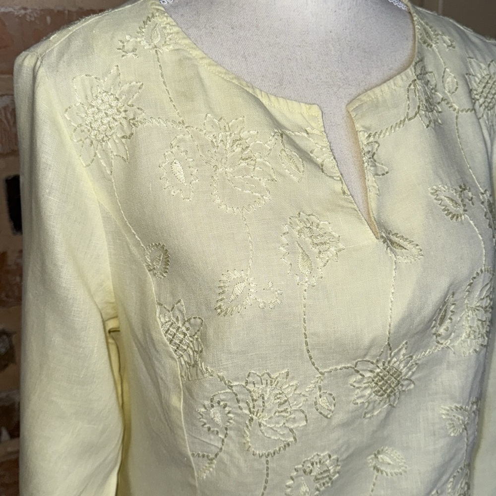 Saint Tropez West Pale Yellow Linen Embroidered Top Side Zip Sz L - Picture 4 of 9